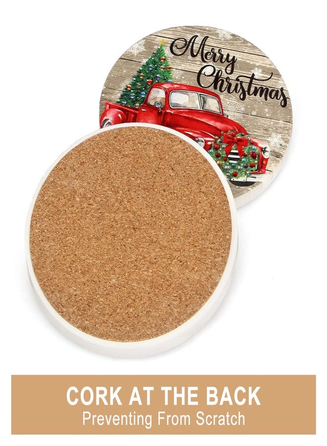 Dksyee 6 Pcs Red Truck Christmas Coasters with Holder Best Absorbent Ceramic Coaster Set Round Vintage Drink Christmas Coasters Gift Xmas Holiday Coffee Table Cup Coaster for Festival, Decor, Living Room - Image 4